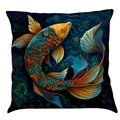 Artistic square linen pillowcase with golden koi fish print in deep blue ocean design - Super Soft Velvet / 45x45cm / Pattern K