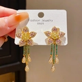 Close-up of S925 silver needle earrings with purple flower and colorful zircon tassels - Purple Flower Tassel Style (42#)