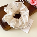 Pastel cream floral embroidery lace scrunchie with a romantic pearl accessory backdrop - White