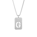 Macro shot of silver titanium steel G-letter hollow pendant necklace with military tag design - Letter G