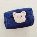 Navy blue quilted velvet pouch with cute teddy bear patch for kids and stationery - Dark Blue (Milk Tea Bear)