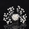 Elegant bridal hair comb with pearls and shimmering crystals on a silver metal base - Handmade Pearl Crystal Flower