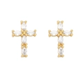 Detail view of gold cross stud earrings featuring marquise-cut clear cubic zirconia stones - White