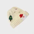 Knitted Christmas beanie in cream white with festive Santa and tree patchwork decor - M (54-60cm) / Beige Santa Claus
