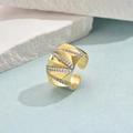 Adjustable golden wide band ring with geometric facets and micro-inlaid rhinestones - Geometric Faceted Line Rhinestone Style (JZ0049-8)