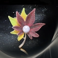Elegant maple leaf brooch with red-yellow gradient, sparkle finish and center white pearl - Double Maple Leaf Pearl