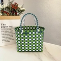 Woven picnic tote bag with green and white checkered plastic texture and double handles - Plain Plaid / Green and White