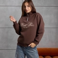 Felpa marrone scuro con mezza zip e stampa di lettere in stile streetwear americano - S / Marrone