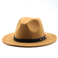 Detail of khaki wool felt fedora featuring black leather band and silver metal rivets - M (56-58cm) / Camel