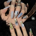 Handmade Chinese style press-on nails with blue snake, 3D rhinestones and silver feather art - Extra Small (XS) / Ancient Blue Snake