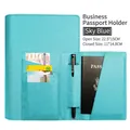 Sky blue cross-grain PU leather travel passport holder with card slots and pen loop - Azure