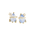Detailed macro view of golden rocket earrings with light blue stone and white crystals - Rocket And Planet Style (EH00640) / Gold