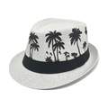 White straw fedora with black coconut tree prints and ribbon for beach sun protection - M / White (Large Coconut Tree)