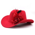 Detailed close-up of red felt cowboy hat with floral decoration and feather accents - M (56-58cm) / Red