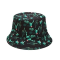Black summer bucket hat featuring green cactus and pink flower patterns on a white background - M (56-58cm) / Black Cactus Pattern (11)