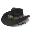 Detail of black wool fedora featuring embroidered brown leather band and green gemstone - M (56-58cm) / Black