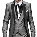 Men's slim fit three-piece grey business suit with formal black shirt and metallic lapel pin - XXS / Gray