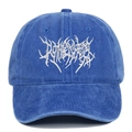 Vintage washed blue cotton baseball cap with white gothic embroidery in a retro punk style - Adjustable / Sapphire Blue