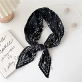 Pleated black and white square silk scarf with elegant textured finish for women - Black Base Paisley Clover