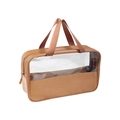 Brown PU leather travel toiletry bag with transparent window and zipper closure - Brown Medium