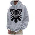 Gray fleece hoodie featuring a black rib cage skeletal print on the chest for men and women - S / Tops / Gray