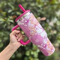 Pink floral stainless steel vacuum insulated tumbler with handle and straw 40oz - 40oz / Flower Ally