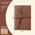 Retro A7 wood grain brown notebook with leaf embossing and metal leaf charm pendant - Wood Grain Brown / A7