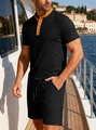 Completo estivo uomo in jacquard nero con colletto polo a contrasto giallo senape su yacht - S / Nero