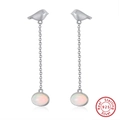 S925 Sterling Silber Vogel Ohrringe mit langen Ketten und ovalen Opal-Anhängern - Vogel Opal Lange Quaste - Silber