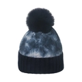 Detail of chunky cable knit pattern and fluffy faux fur pom-pom on navy blue beanie - M (56-58cm) / Blue