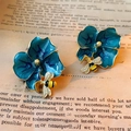 Vintage enamel flower earrings with bee detail in blue and gold finish - 925 Silver Earring Post / Blue Flower