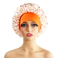 Wide band satin sleep bonnet with orange stars print and high elastic forehead band - 10872 Orange Star