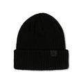 Detailed view of black knitted beanie featuring a wide cuff and leather brand patch - M (56-58cm) / Black