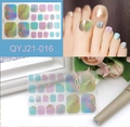 Close-up of holographic blue-green glitter toe nail wraps with gold metallic foil lines - Fantasy Gradient Metal Line Style (QYJ21-016)