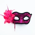 Masquerade half-mask with rose red sequins, pink silk flower and feathers for parties - No Handle / Rose Red