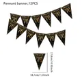 Detailed size view of black and gold 70th birthday triangle banner party decoration - 70th Birthday / 12-Piece Set