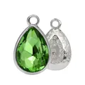 Water drop charm in light green crystal with silver floral relief backing, 7x10mm size - Light Green