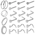 Lot de 20 bijoux de nez argentés avec anneaux et clous en forme de L et oxydes de zirconium - Ensemble de 20 Pièces / Argenté