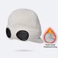 Winter white knitted beanie with goggles and thick fleece lining for cold protection - Creamy White
