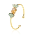 Adjustable gold plated cuff bracelet featuring amber and green raw crystal clusters - Two Fluorite One Citrine Bangle