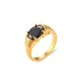 Detail of vintage 18K gold plated ring with ribbed texture and oval black zircon stone - US 6 / Black Zirconia