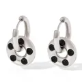 Silver stainless steel hoop earrings with black resin donut pendant and metal charms - Platinum Black Glass Bead (PDE653)