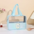 Borsa per cosmetici olografica azzurra con toppa a lettera C e dettagli dorati - Lettera C / Azzurro