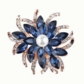 Fashion crystal flower brooch with navy blue crystals, white pearl, and gold plating - Navy Blue