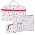 Three-piece quilted cotton makeup bag set with red cherry pattern and red zipper detail - Cherry Red
