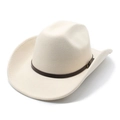 Classic cream wool felt wide brim fedora hat with brown leather belt and metal buckle - M (56-58cm) / Beige
