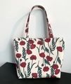 Borsa da pranzo in tela beige con motivi di papaveri rossi e manici resistenti - Borsa a Mano con Papaveri (Con Cerniera)
