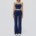 Women's navy blue ribbed yoga set featuring crop top and high-waisted flare pants - S / Top And Bottom (Tank Top + Flared Leggings Style) / Navy Blue