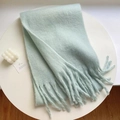 Thick soft mohair scarf in light blue with fringe detail on white table decor - Solid Mint Green
