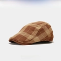 Vintage corduroy beret hat with brown and khaki plaid pattern for a retro street look - One Size / Brown